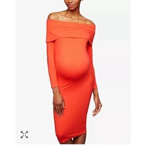 A Pea In The Pod Maternity Off Shoulder Long Sleeve Dress Sze L Large NWT Orange